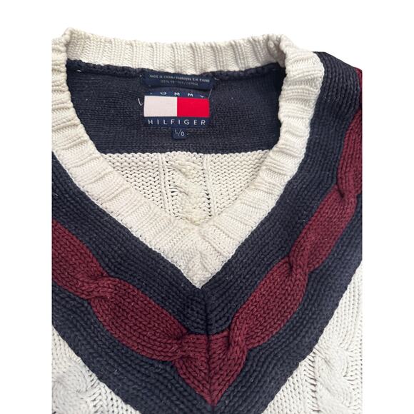 Vintage 90s Tommy Hilfiger Varsity Academia Cable Knit Sweater 100% Cotton Large - Picture 6 of 6